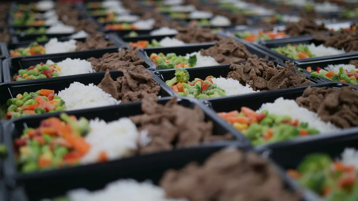 Rows of black meal prep trays holding rice, seared beef and mixed vegetables