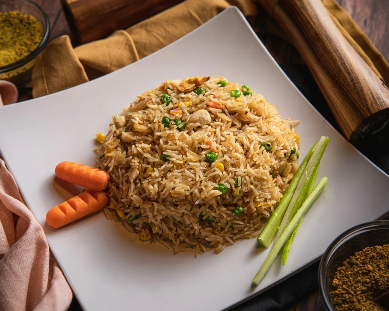 Chicken and rice served on a white plate with herbs on top