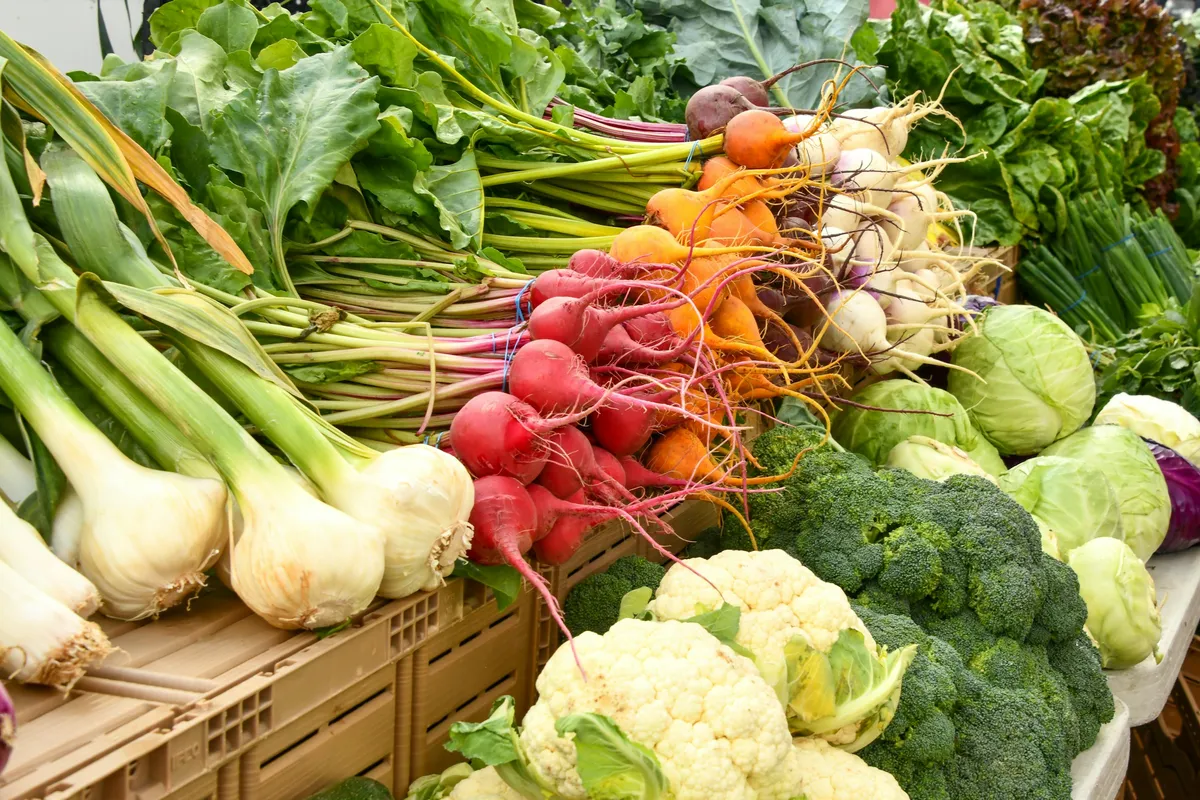 Fresh cauliflower, broccoli, radishes and onions piled on a market stall