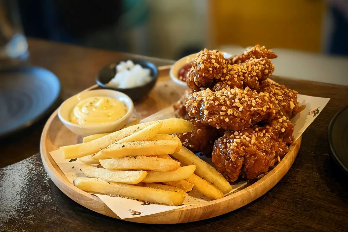 Chicken and fries served together on a wooden board